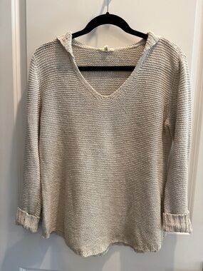 Eileen Fisher Beige Knit V-Neck Sweater w/ Hood